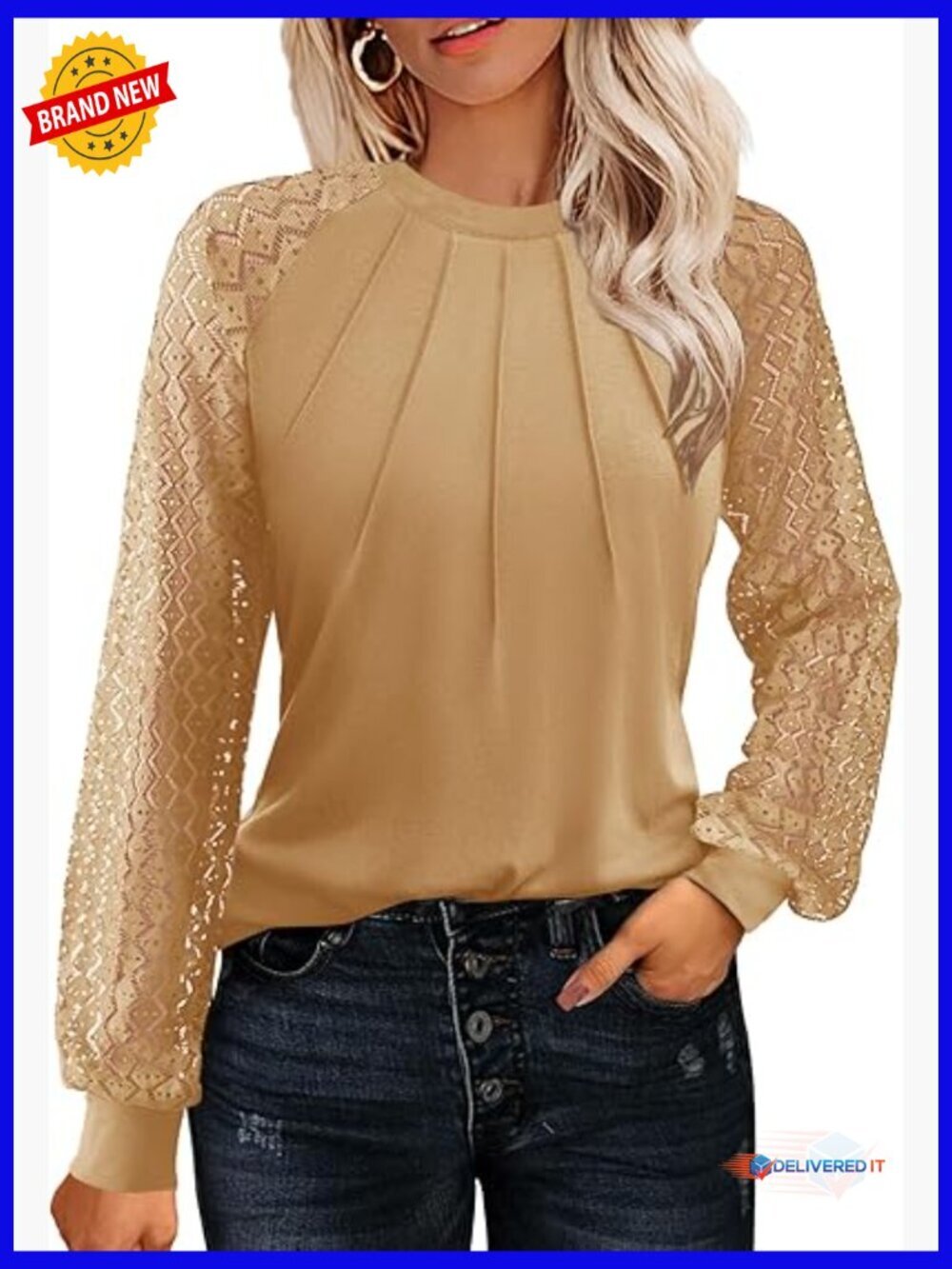 Womens Lace Long Sleeve Blouse Dressy Casual Business Work Trendy Shirt Pleated